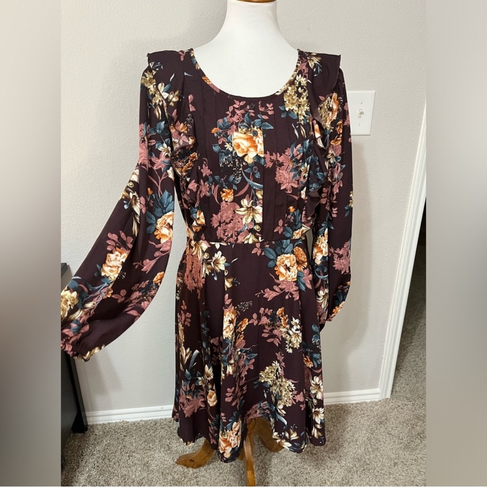 Purple floral long sleeve dress, large